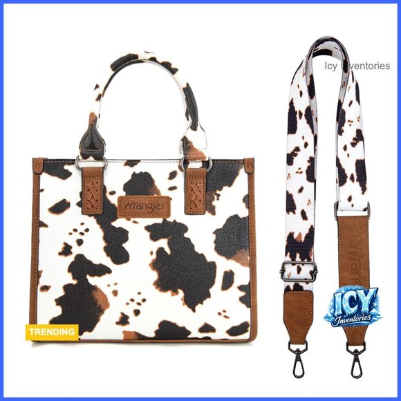 Handbags - Western Retro Top Handle Tote Bag with Cow Print and Whipstitch Details